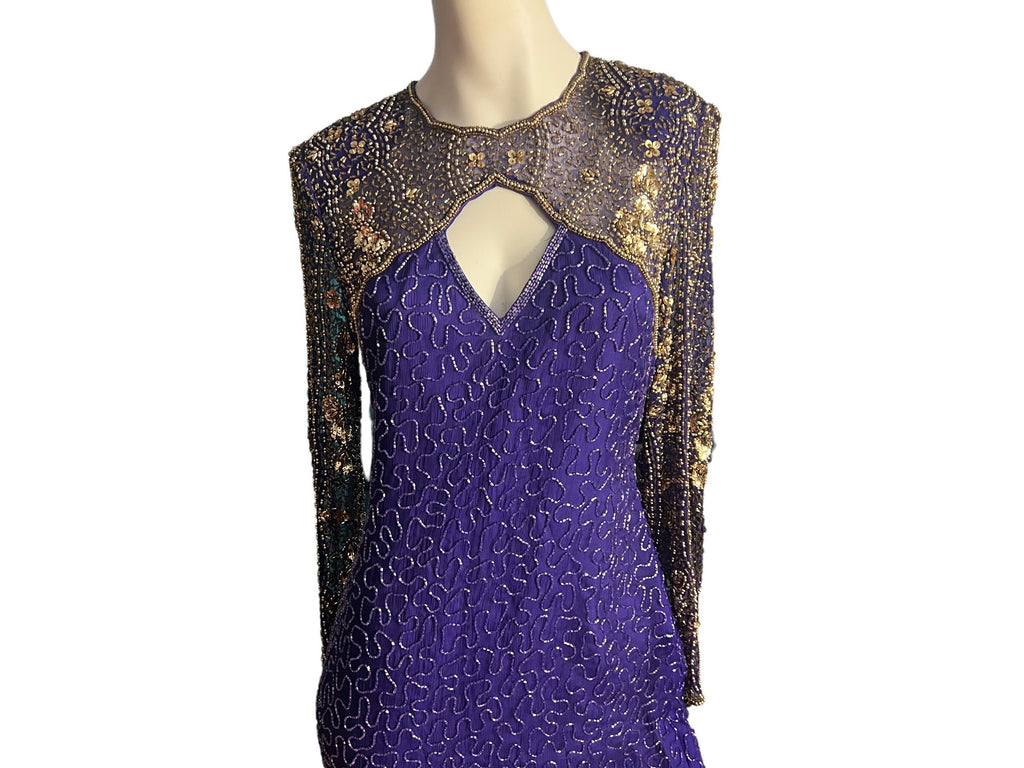 Vintage 80's purple gold sequin bead dress M