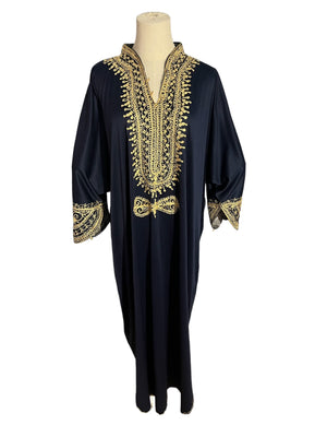 Vintage 70's blue & gold kaftan dress Morocco M L