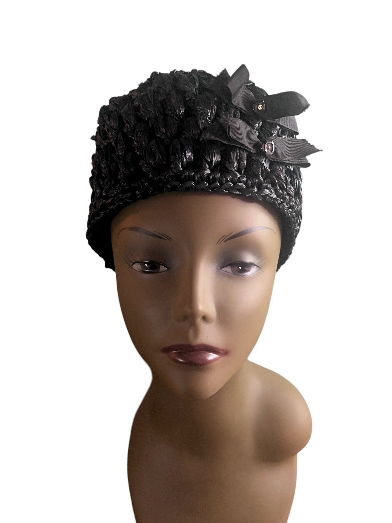 Vintage 60's black raffia hat with rhinestones