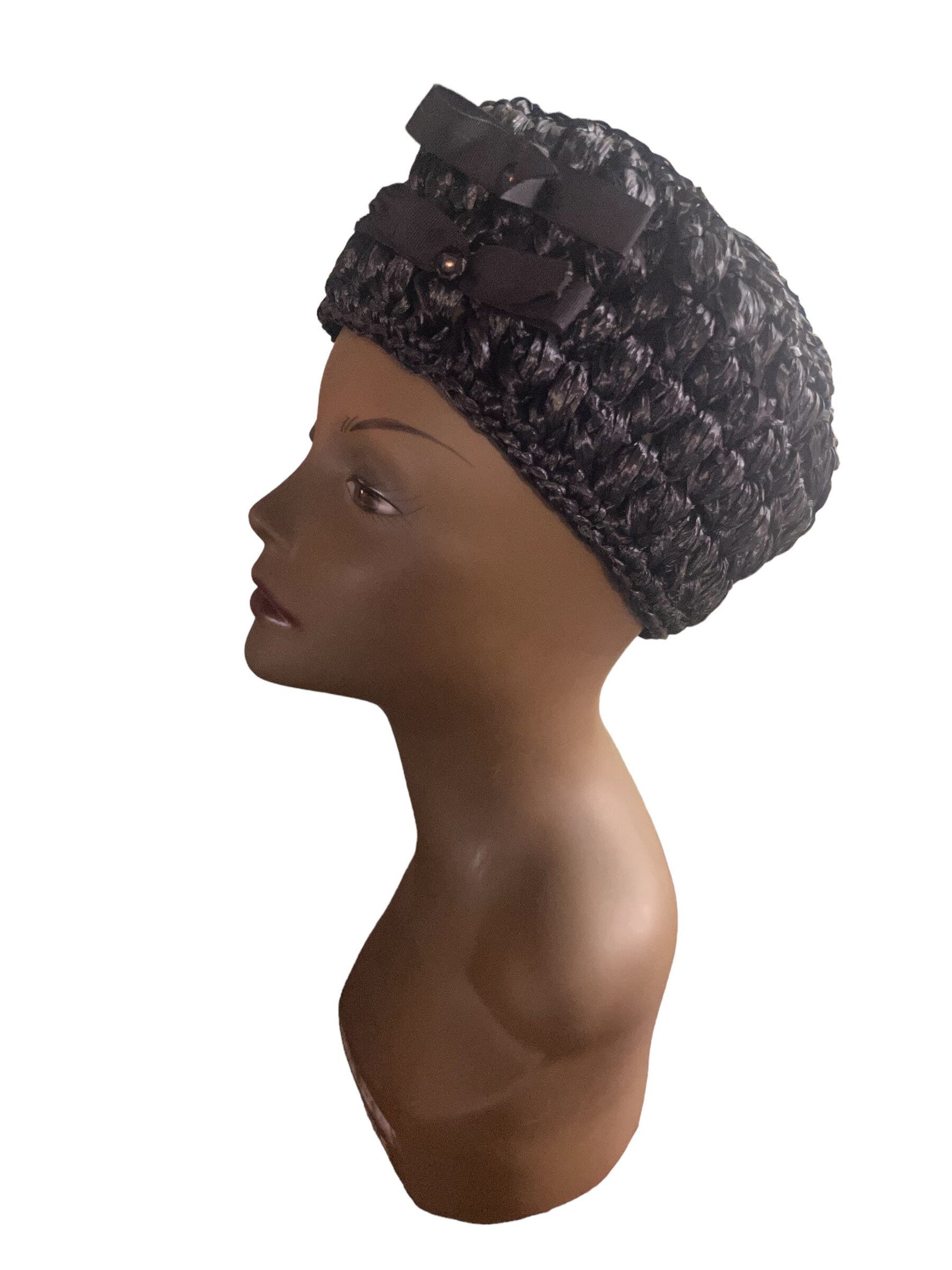 Vintage 60's black raffia hat with rhinestones