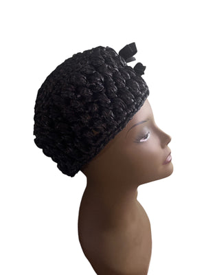 Vintage 60's black raffia hat with rhinestones