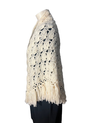 Vintage white crochet shawl with fringe