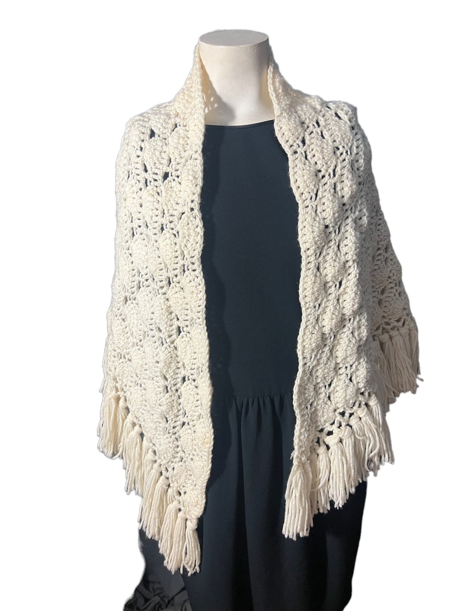 Vintage white crochet shawl with fringe