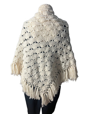 Vintage white crochet shawl with fringe