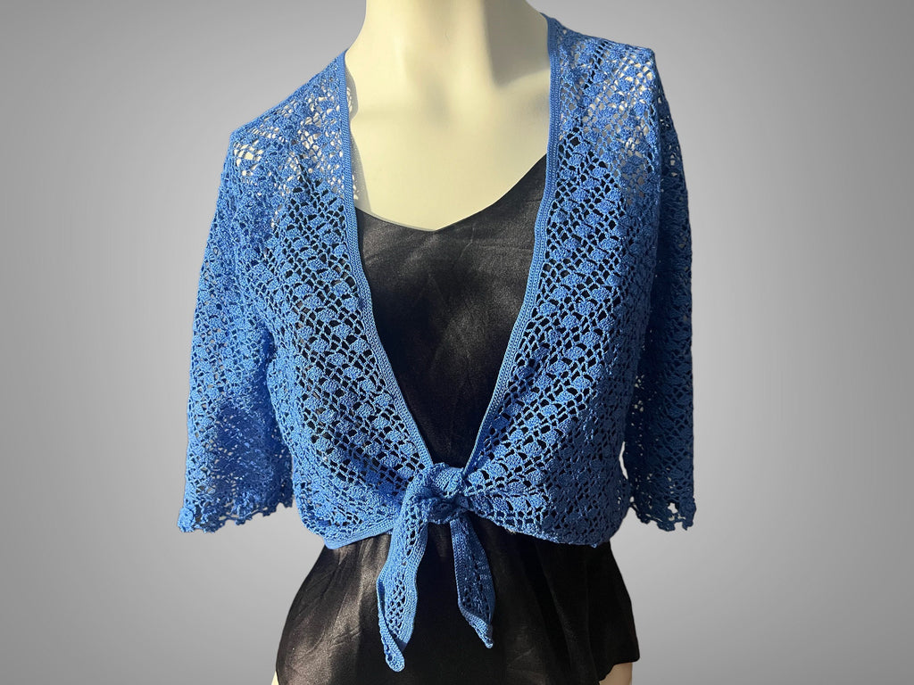 Vintage 70's blue crochet tie top L