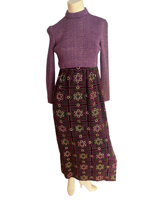 Vintage 70's velvet purple embroidery maxi dress M