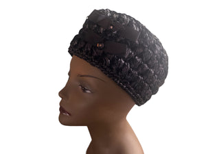 Vintage 60's black raffia hat with rhinestones