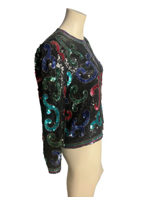 Vintage sequin & bead jacket black and rainbow Stmira M