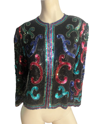 Vintage sequin & bead jacket black and rainbow Stmira M