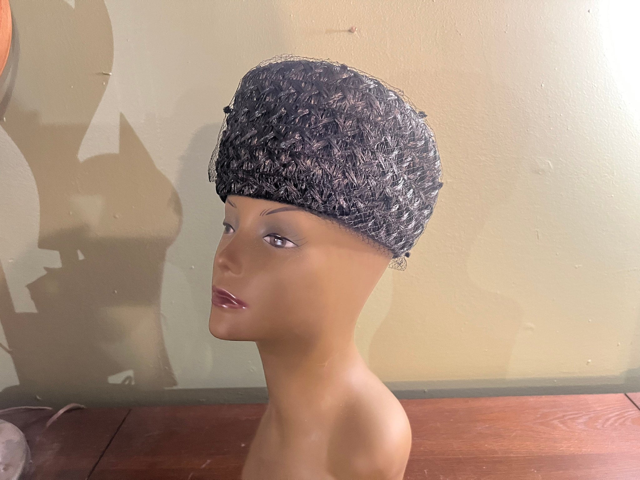 Vintage black raffia hat with net