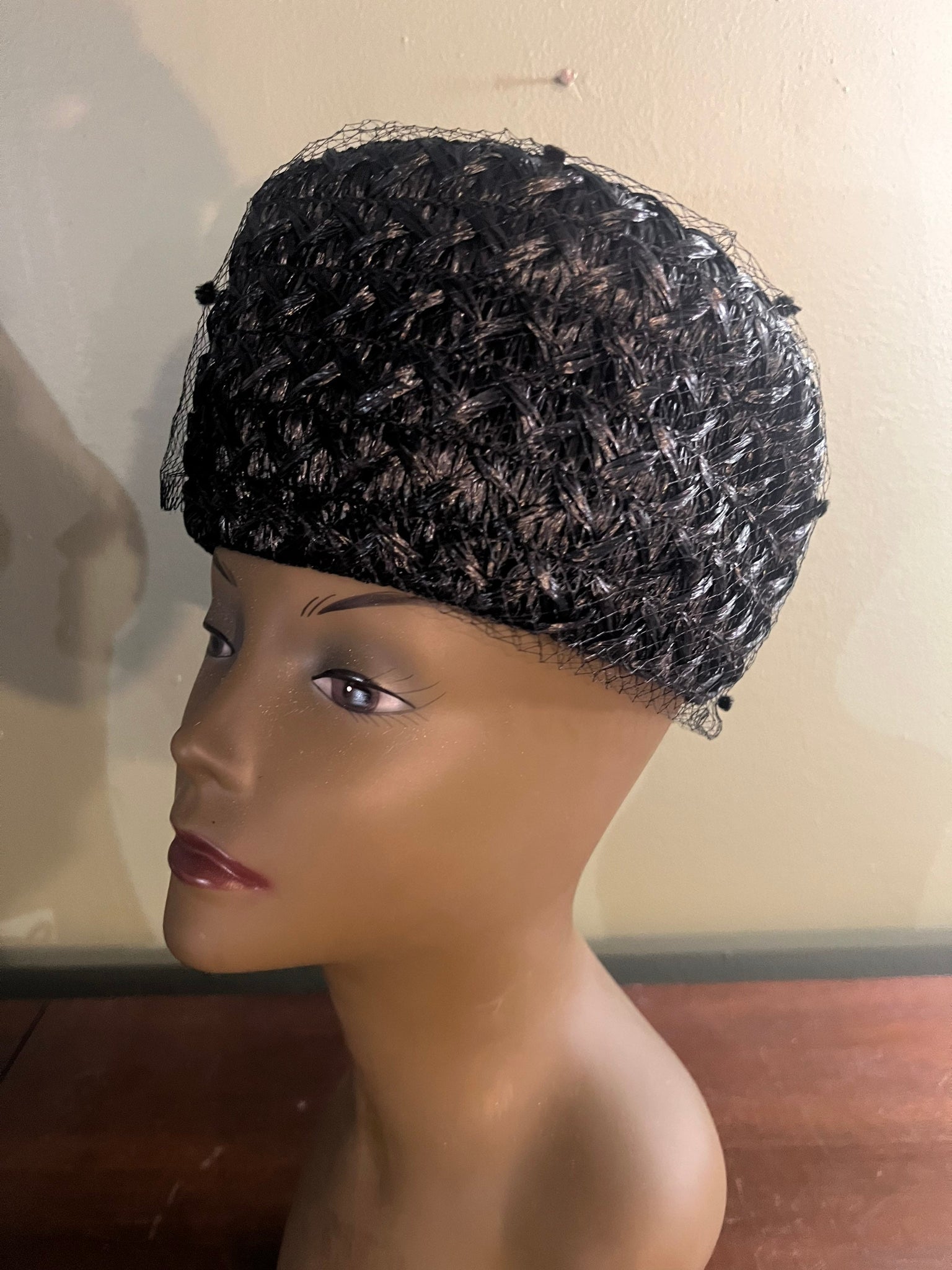 Vintage black raffia hat with net