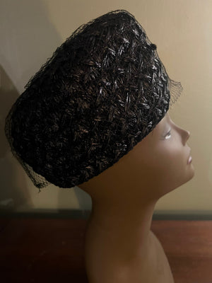 Vintage black raffia hat with net