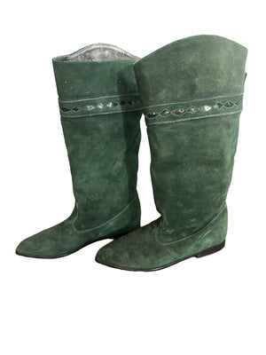 Vintage 80's green suede tall boots 8