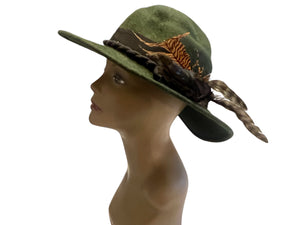 Vintage green fedora hat with feathers