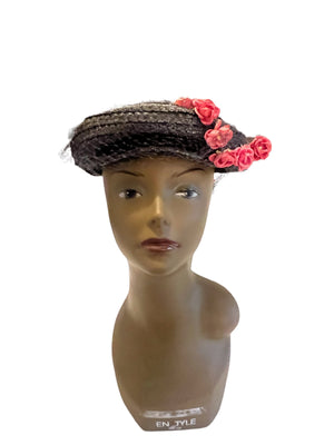 Vintage navy hat with pink flowers