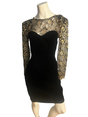 Vintage black velvet and gold lace dress Donna Ricco 4