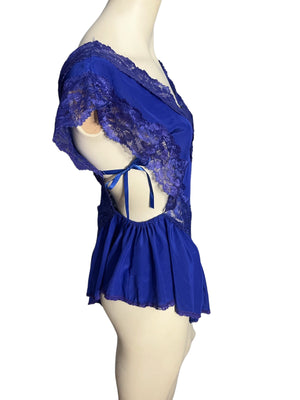 Vintage 80's blue teddy lingerie Flora's Follies S