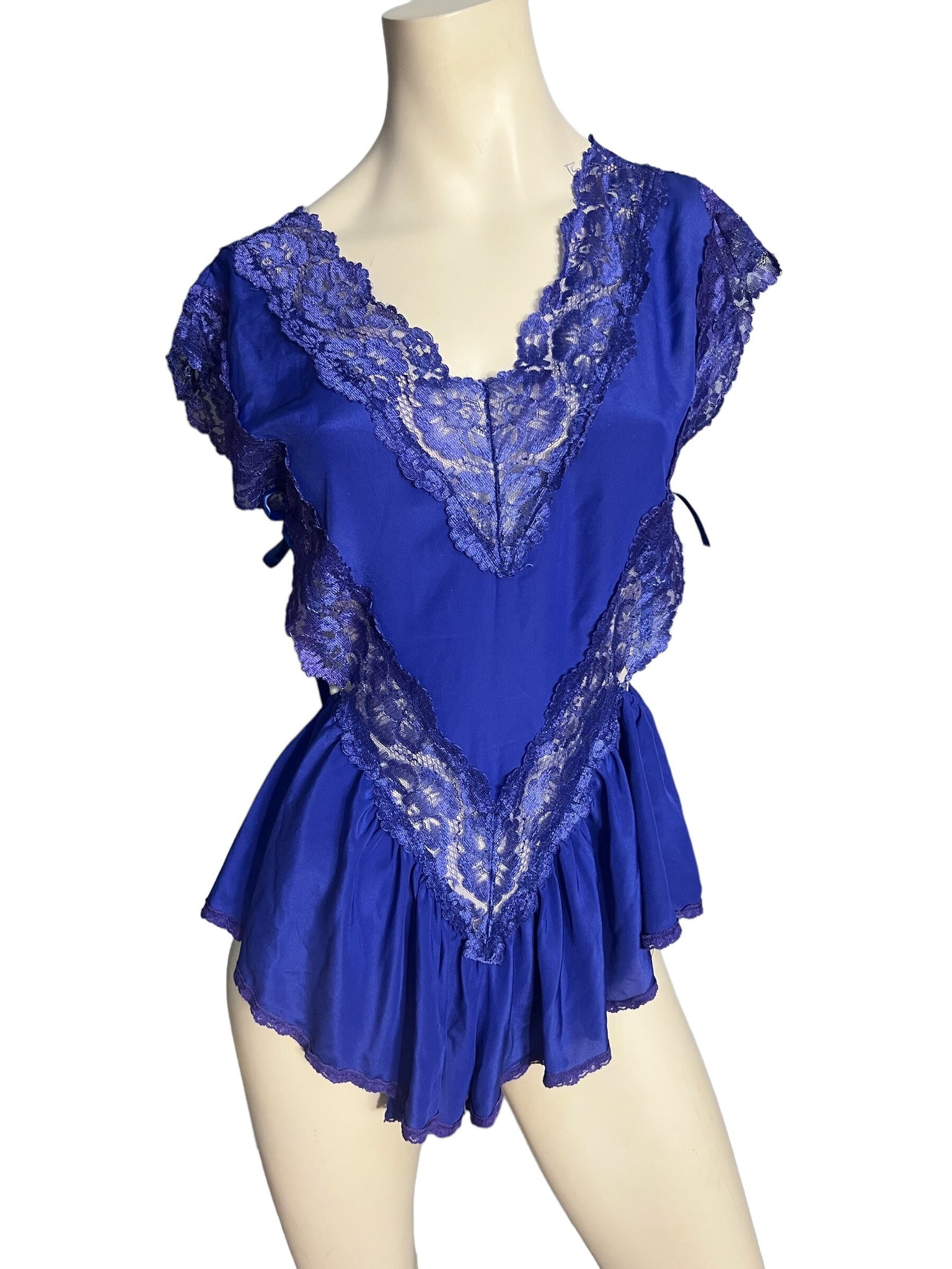 Vintage 80's blue teddy lingerie Flora's Follies S