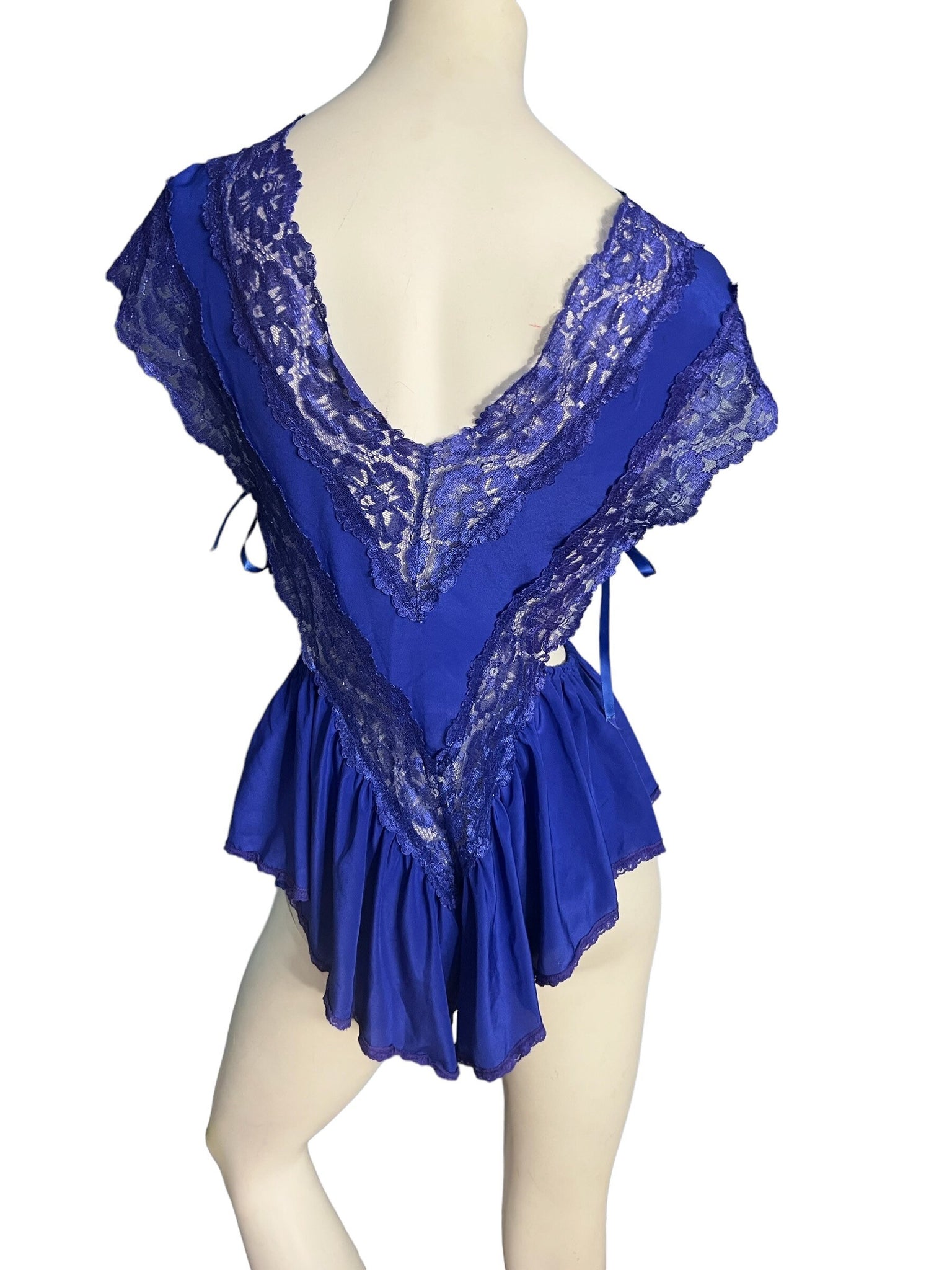 Vintage 80's blue teddy lingerie Flora's Follies S