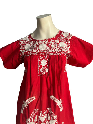 Vintage red embroidery Mexican dress S