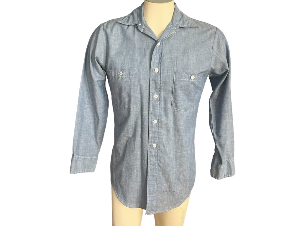 Vintage blue men's 70's work shirt S