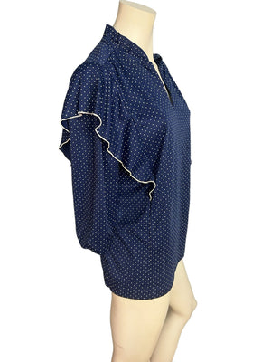 Vintage 70's blue polka dot blouse shirt L