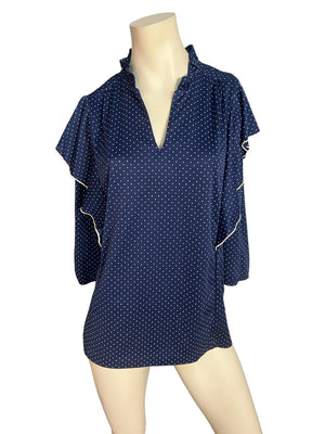 Vintage 70's blue polka dot blouse shirt L