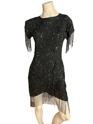 Vintage 80's black bead mini dress M