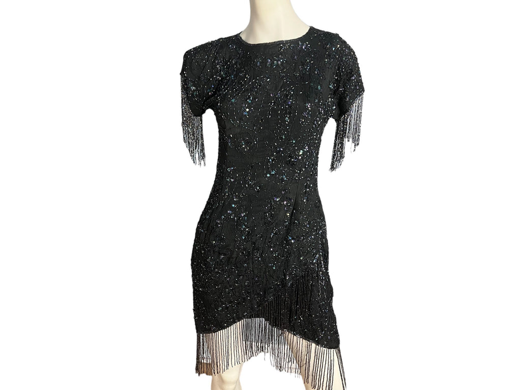 Vintage 80's black bead mini dress M