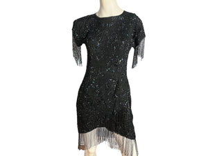 Vintage 80's black bead mini dress M