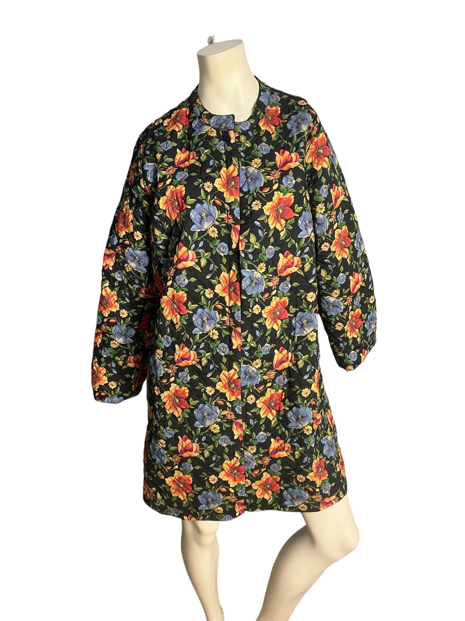 Vintage 80's black floral quilted jacket L XL