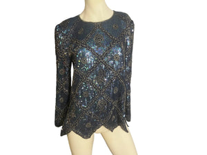 Vintage blue & black sequin shirt S Nina Couture