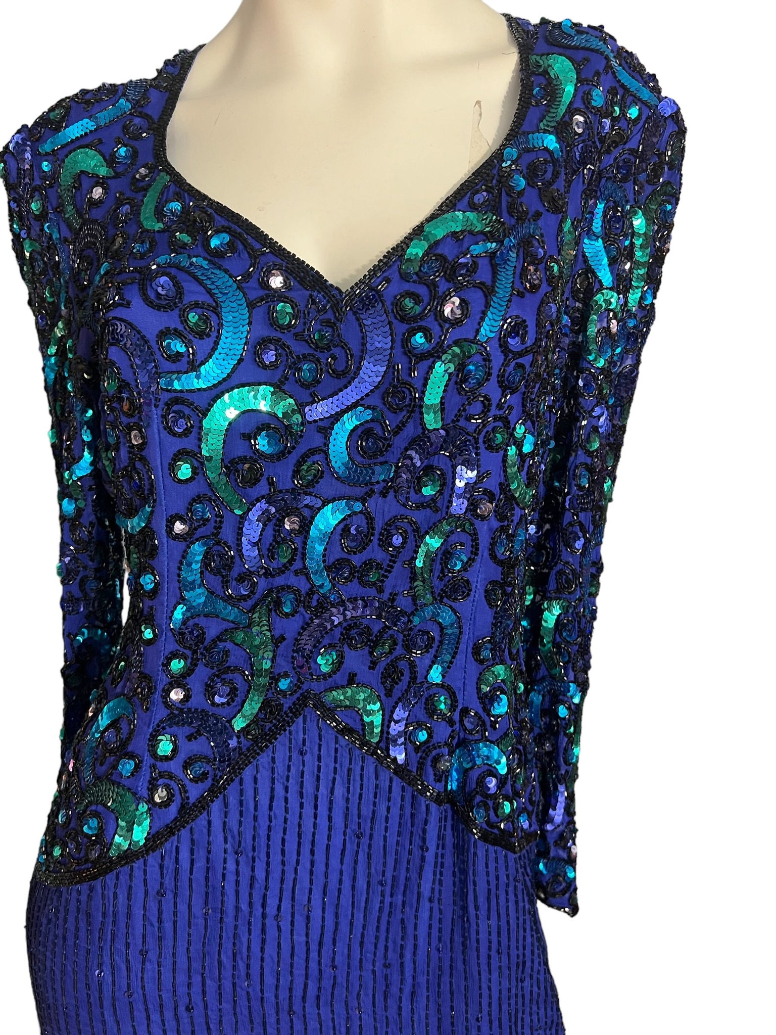 Vintage purple & green sequin and bead dress L Scala