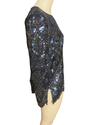 Vintage blue & black sequin shirt S Nina Couture