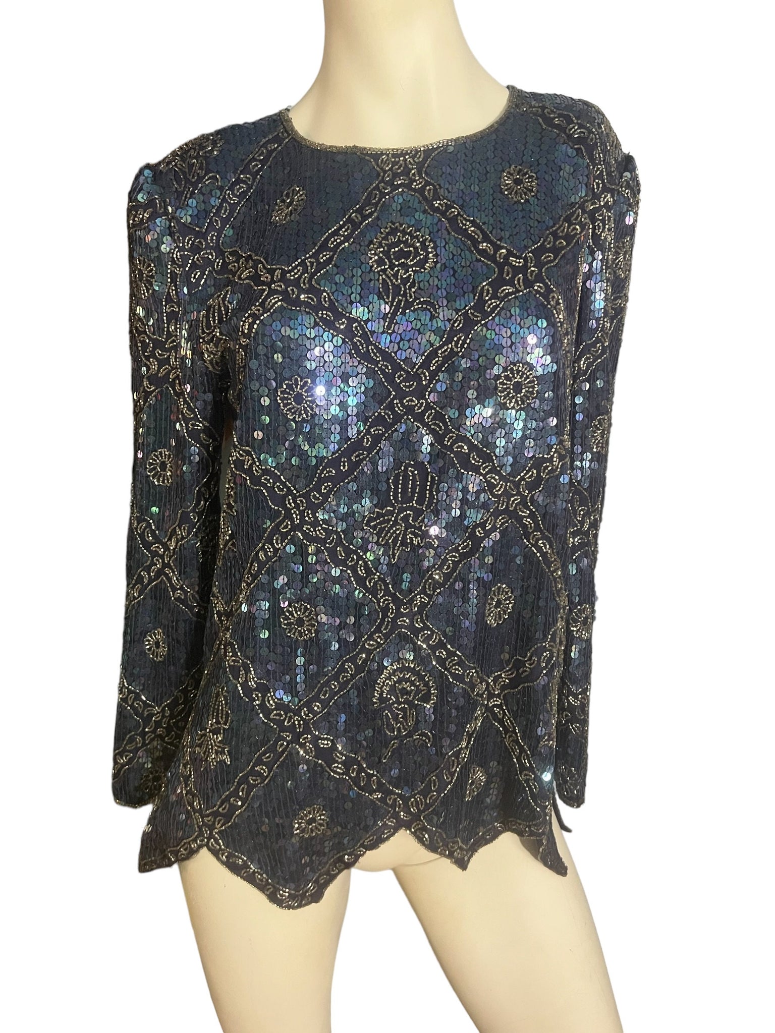 Vintage blue & black sequin shirt S Nina Couture