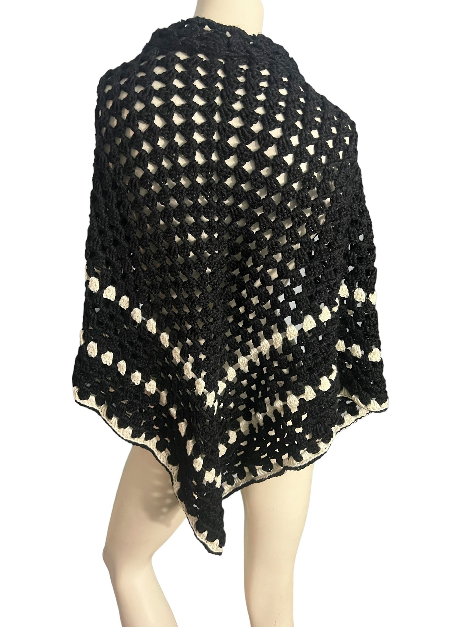 Vintage black and white crochet shawl