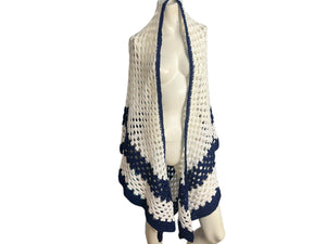 Vintage oversized white and navy blue crochet shawl