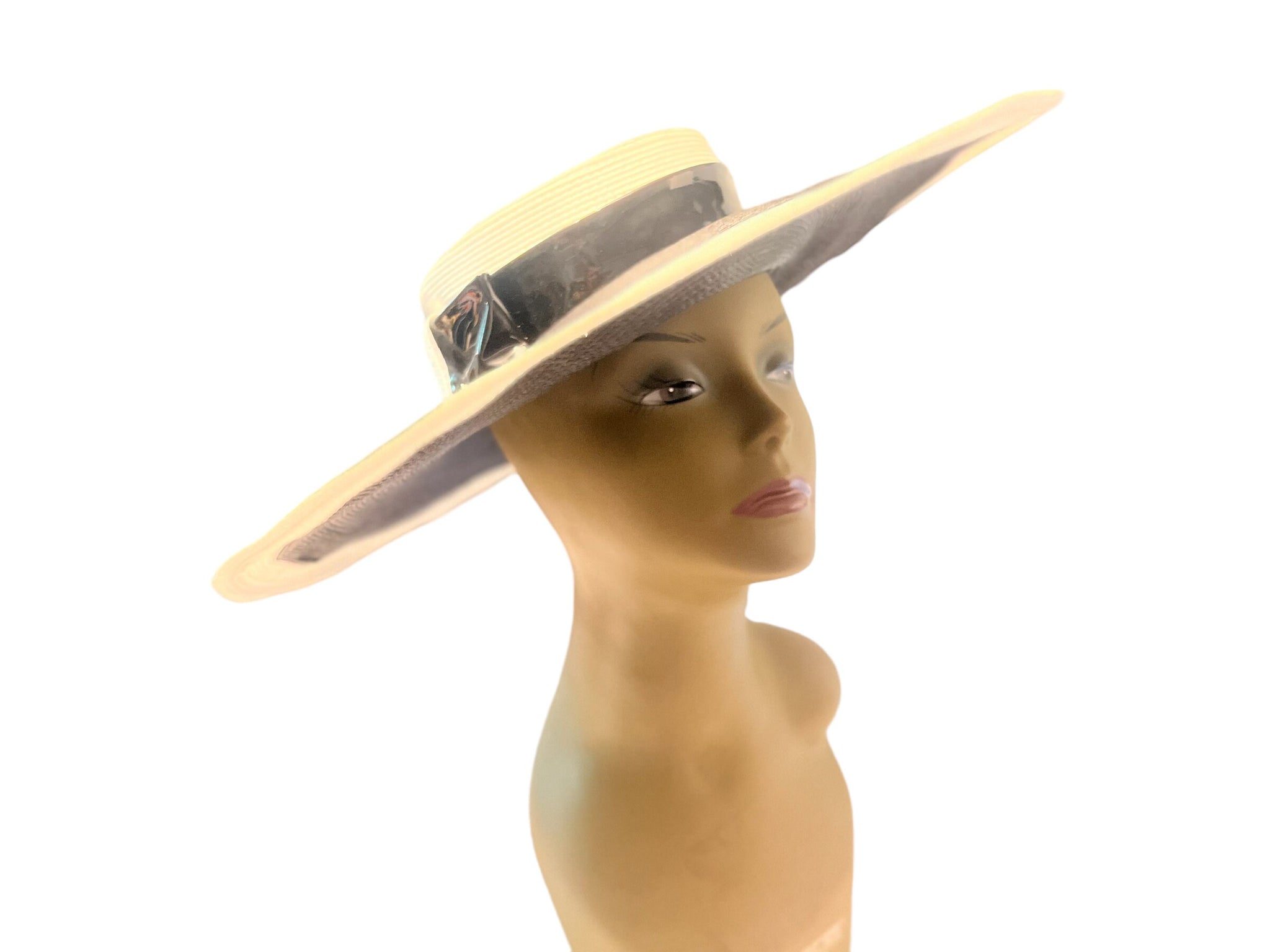 Vintage 60's black & white straw hat huge Sandra