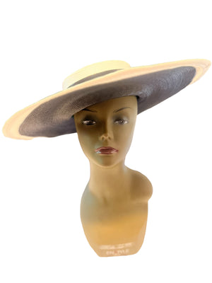 Vintage 60's black & white straw hat huge Sandra