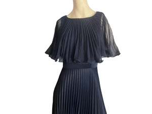 Vintage 70's navy pleat ruffle dress M L