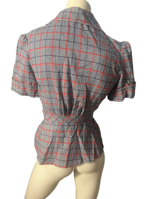 Vintage 70's blue plaid belted top S