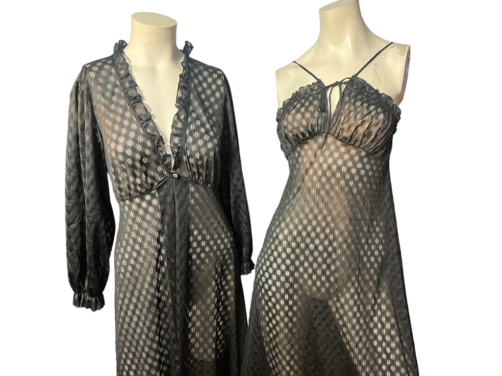 Vintage Sears Black Sheer Peignoir Nightgown Set Small 32/34