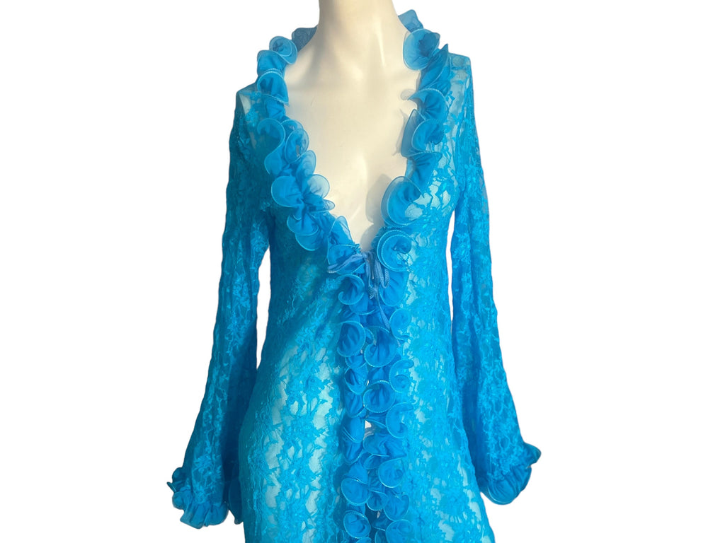 Vintage turquoise ruffle lace robe M