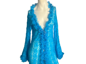 Vintage turquoise ruffle lace robe M