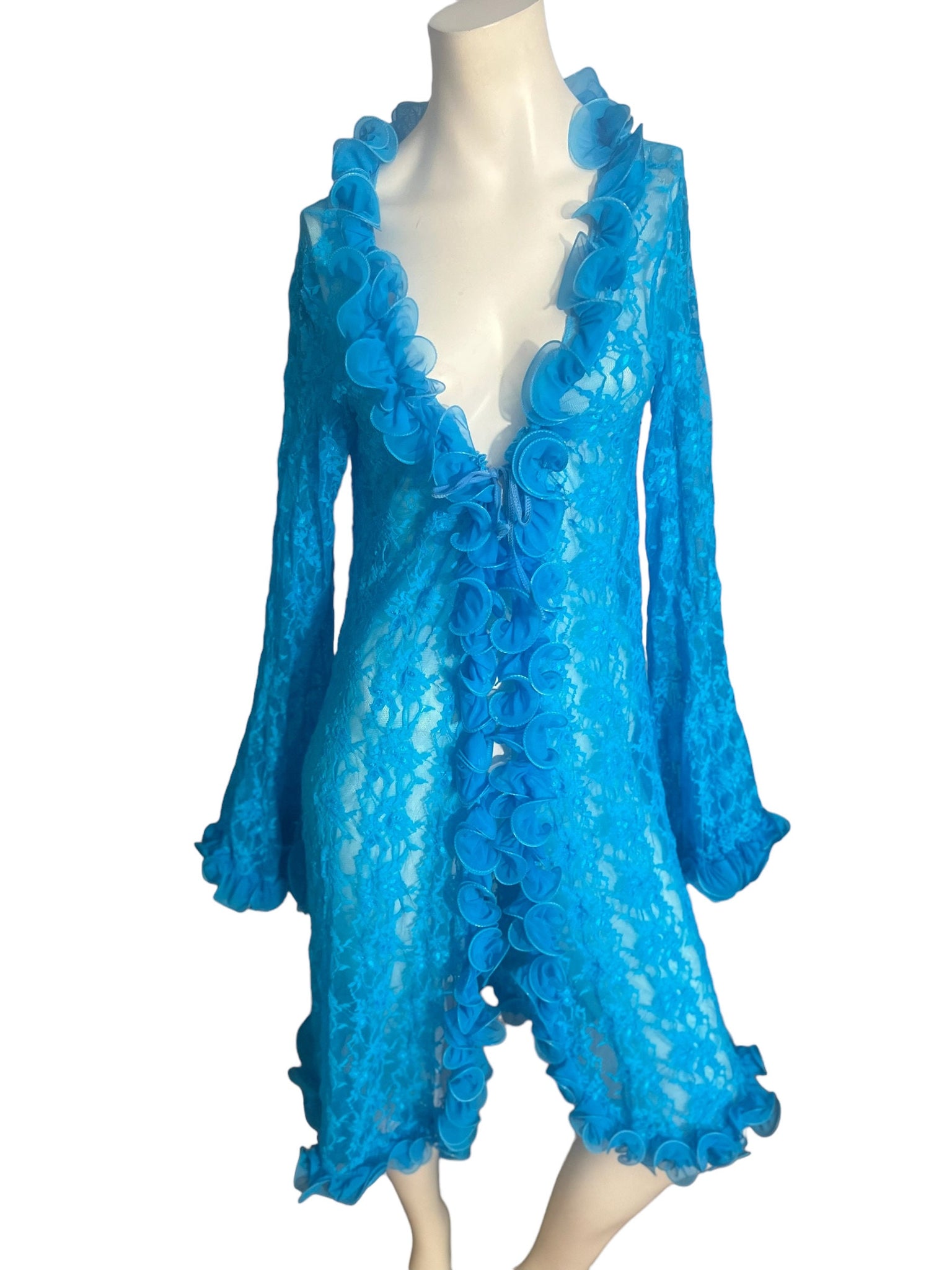 Vintage turquoise ruffle lace robe M