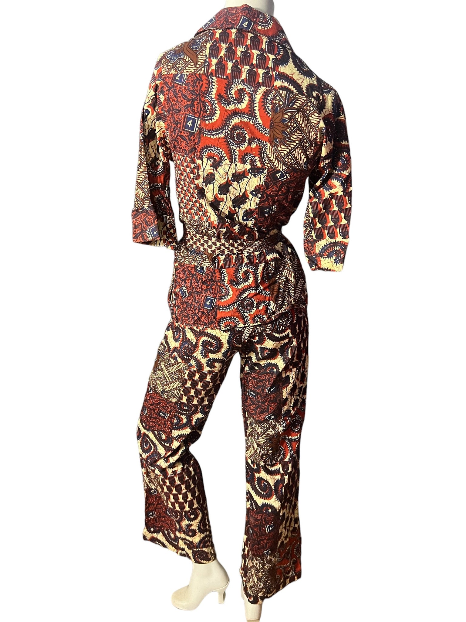 Vintage 70's batik bellbottom pantsuit S Howard Wolf