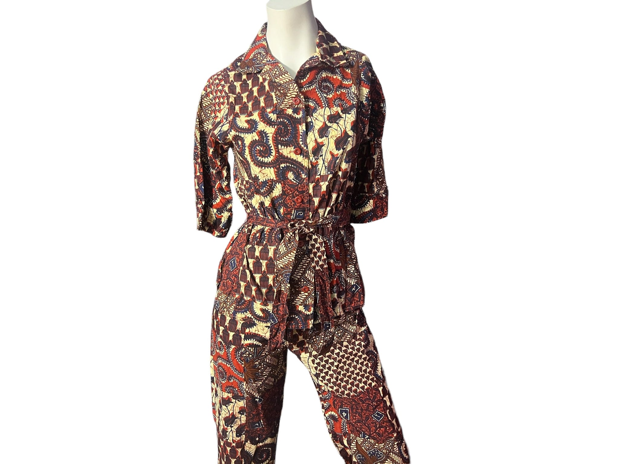 Vintage 70's batik bellbottom pantsuit S Howard Wolf