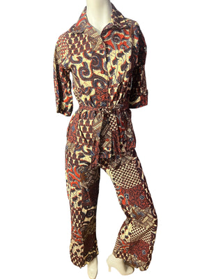 Vintage 70's batik bellbottom pantsuit S Howard Wolf