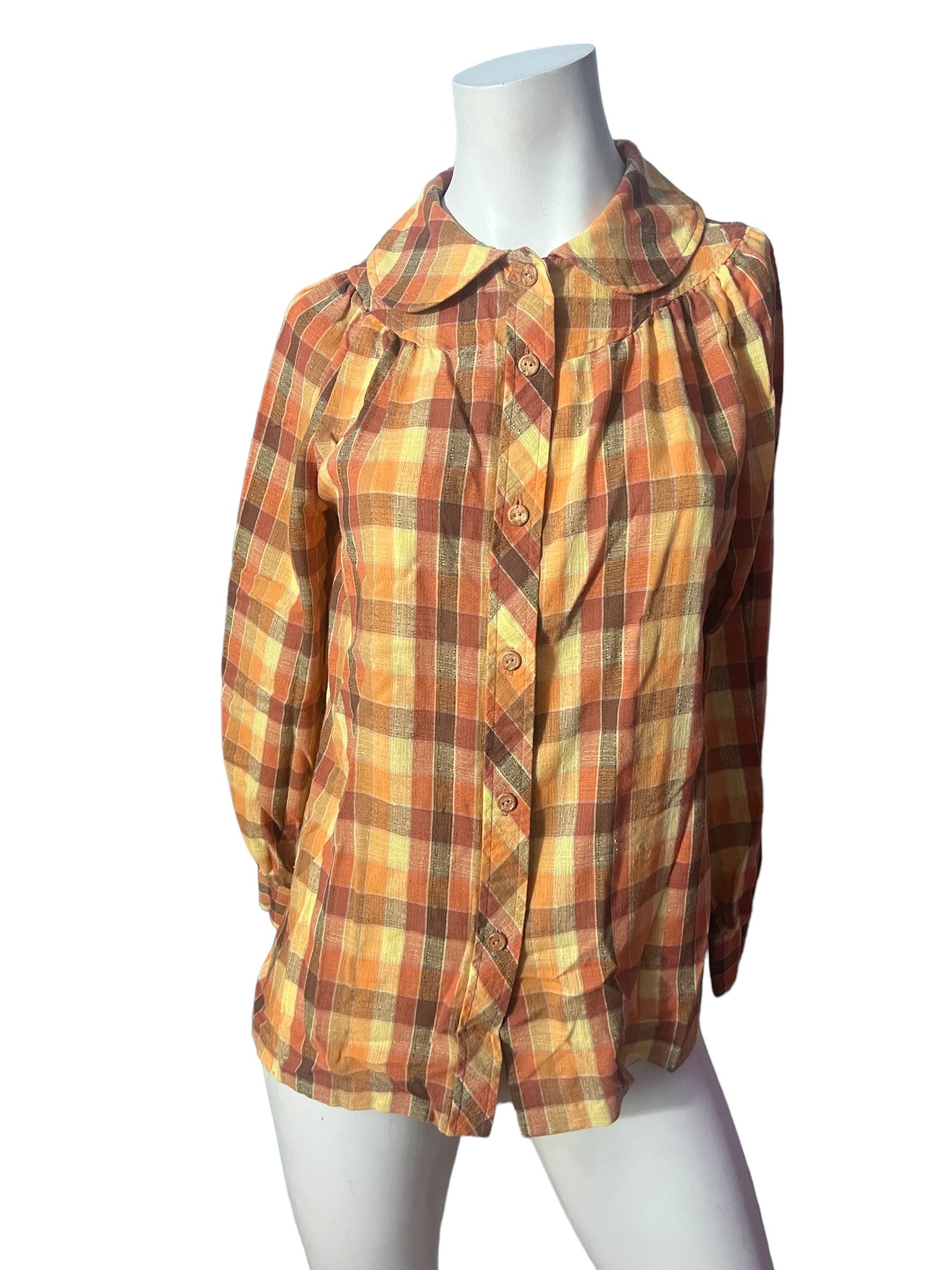 Vintage 70's brown plaid blouse M The Art Shirt