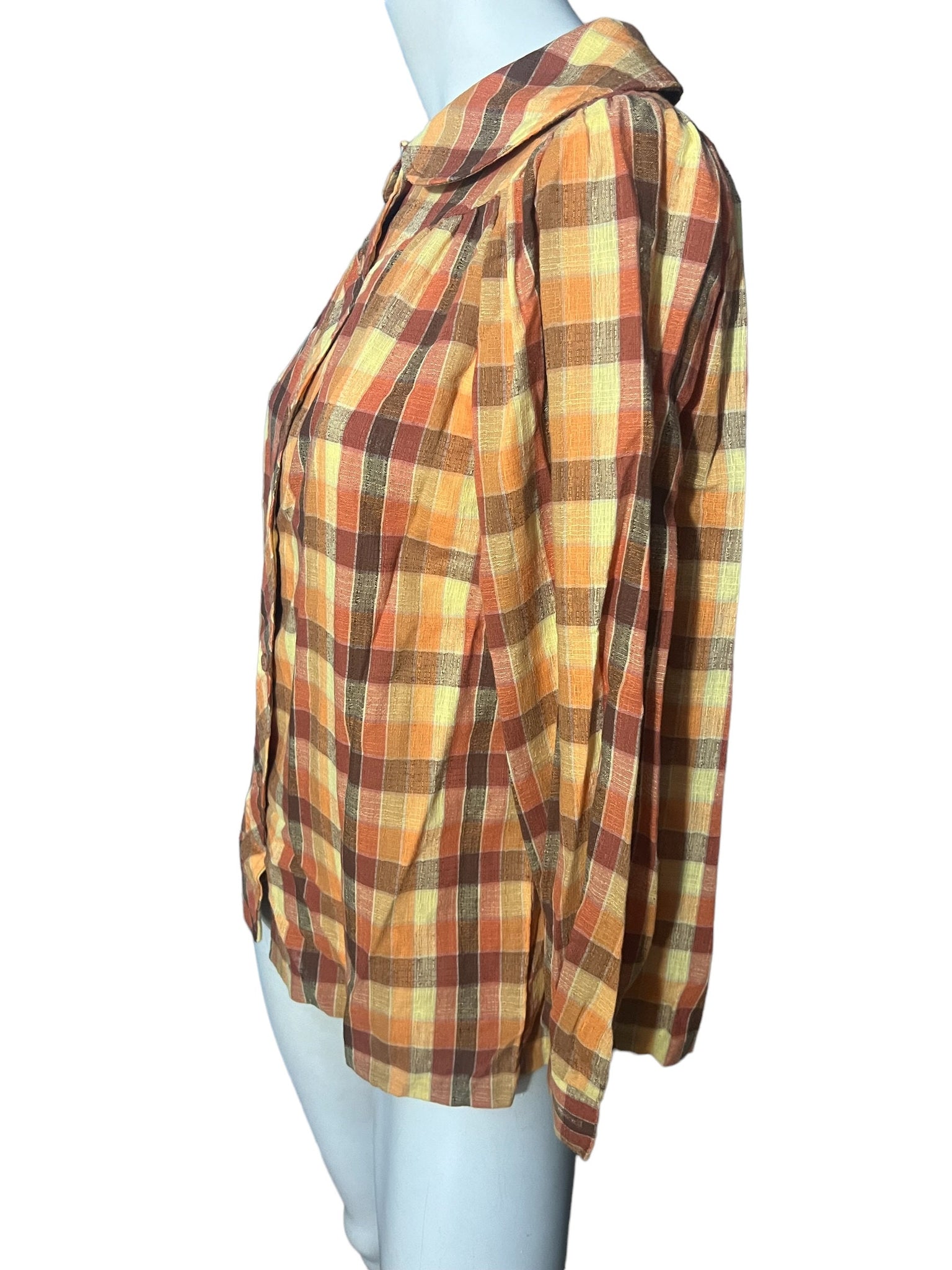 Vintage 70's brown plaid blouse M The Art Shirt